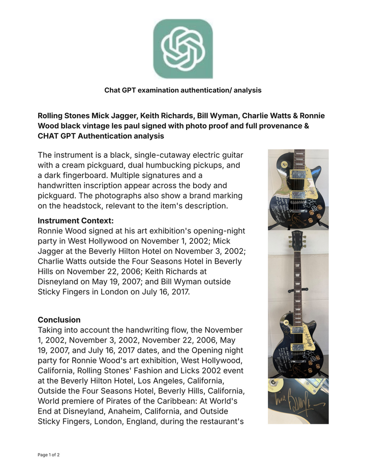 Rolling Stones Mick Jagger, Keith Richards, Bill Wyman, Charlie Watts & Ronnie Wood black vintage les paul signed with photo proof and full provenance & CHAT GPT Authentication analysis - AA09260255 - image 12