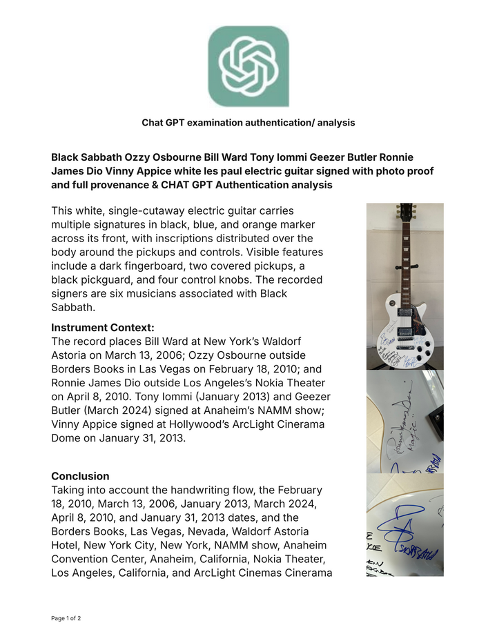 Black Sabbath Ozzy Osbourne Bill Ward Tony Iommi Geezer Butler Ronnie James Dio Vinny Appice white les paul electric guitar signed with photo proof and full provenance & CHAT GPT Authentication analysis - AA09260253 - image 13
