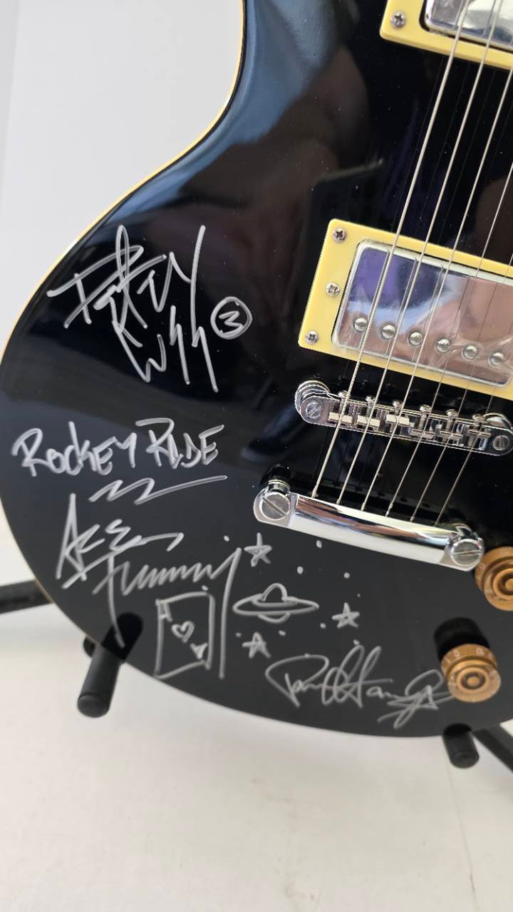 Kiss Gene Simmons, Peter Criss, Paul Stanley and Ace Frehley vintage black full size Glen Burton Les Paul-style electric guitar with sketches signed with proof and full provenance & CHAT GPT Authentication analysis - AA0926075 - image 2