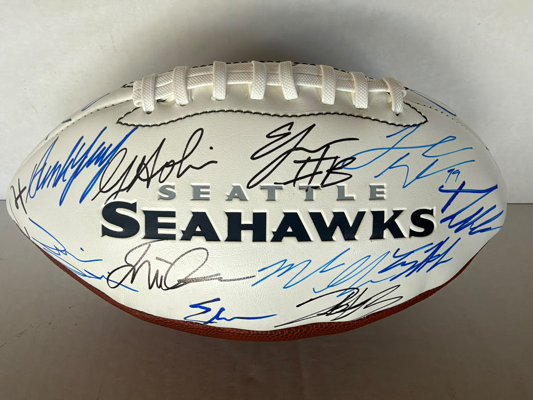 Seattle Seahawks 2025-26 Super Bowl Champs team signed 45 players Sam Darnold, Keneth Walker 111, Jaxson Smith- Njigba. Cooper Kupp full size logo football signed with photo proof full provenance & CHAT GPT Authentication analysis - AA09260234 - image 2