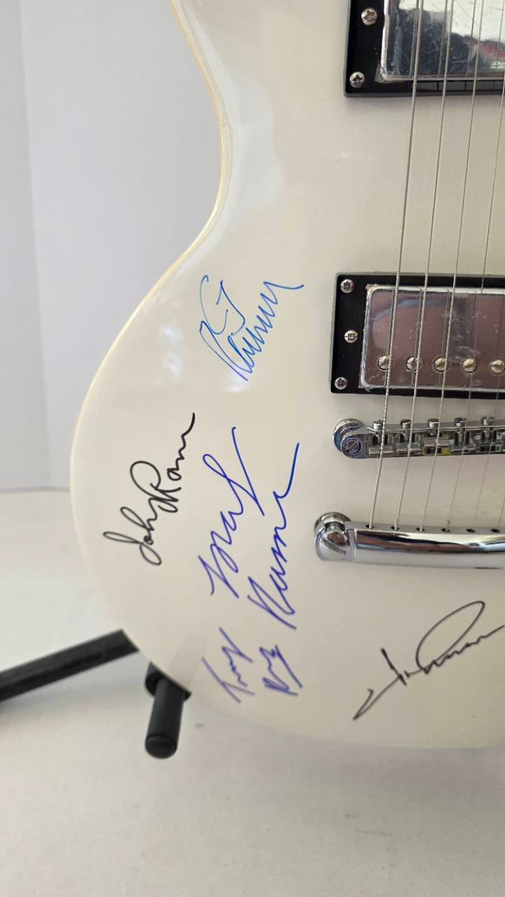 The Ramones Joey Ramone, Johnny Ramone, Dee Dee Ramone, Marky Ramone, C.J. Ramone and Tommy Ramone vintage white full size Glen Burton Les Paul-style electric guitar signed with proof and full provenance & CHAT GPT Authentication analysis - AA0926070 - image 2