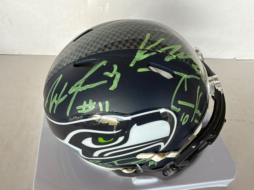 Seattle Seahawks Keneth Walker 111, Sam Darnold, Jaxson Smith- Njigba, Cooper Kupp Riddell mini helmet signed with photo proof full provenance & CHAT GPT Authentication analysis - AA09260235 - image 2