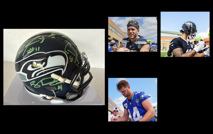 Seattle Seahawks Keneth Walker 111, Sam Darnold, Jaxson Smith- Njigba, Cooper Kupp Riddell mini helmet signed with photo proof full provenance & CHAT GPT Authentication analysis - AA09260235 - image 4