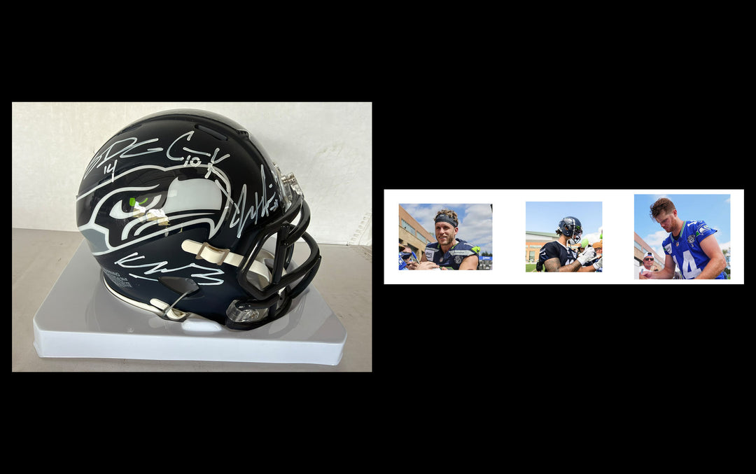 Seattle Seahawks Keneth Walker 111, Sam Darnold, Jaxson Smith- Njigba, Cooper Kupp Riddell mini helmet signed with photo proof full provenance & CHAT GPT Authentication analysis - AA09260245 - image 4