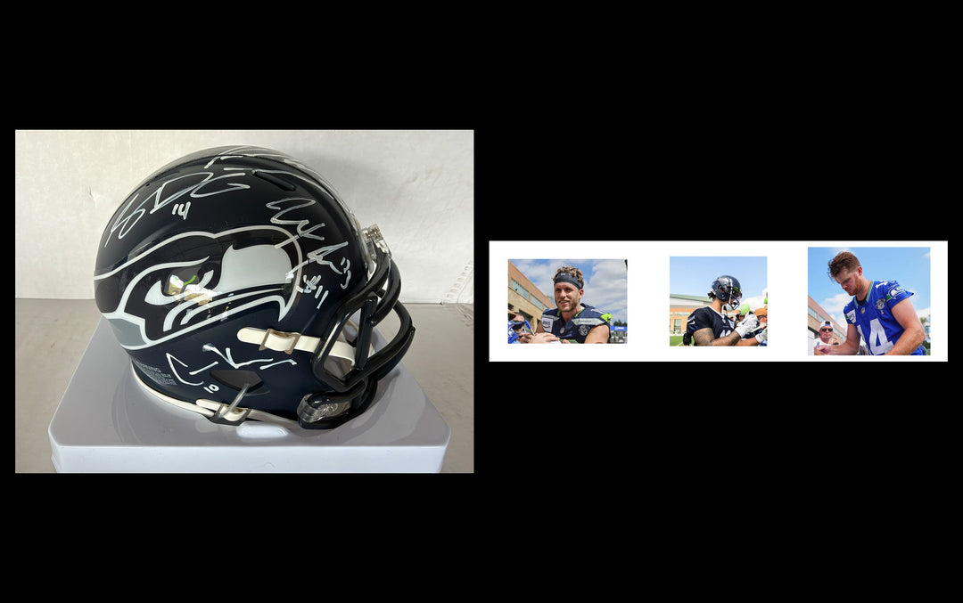 Seattle Seahawks Keneth Walker 111, Sam Darnold, Jaxson Smith- Njigba, Cooper Kupp Riddell mini helmet signed with photo proof full provenance & CHAT GPT Authentication analysis - AA09260237 - image 4