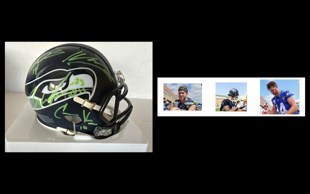 Seattle Seahawks Keneth Walker 111, Sam Darnold, Jaxson Smith- Njigba, Cooper Kupp Riddell mini helmet signed with photo proof full provenance & CHAT GPT Authentication analysis - AA09260236 - image 4
