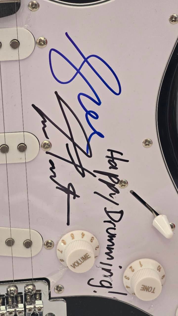 Rush Neil Peart, Geddy Lee and Alex Lifeson black Stratocaster full size electric guitar signed with proof and full provenance & CHAT GPT Authentication analysis - AA09260193 - image 4