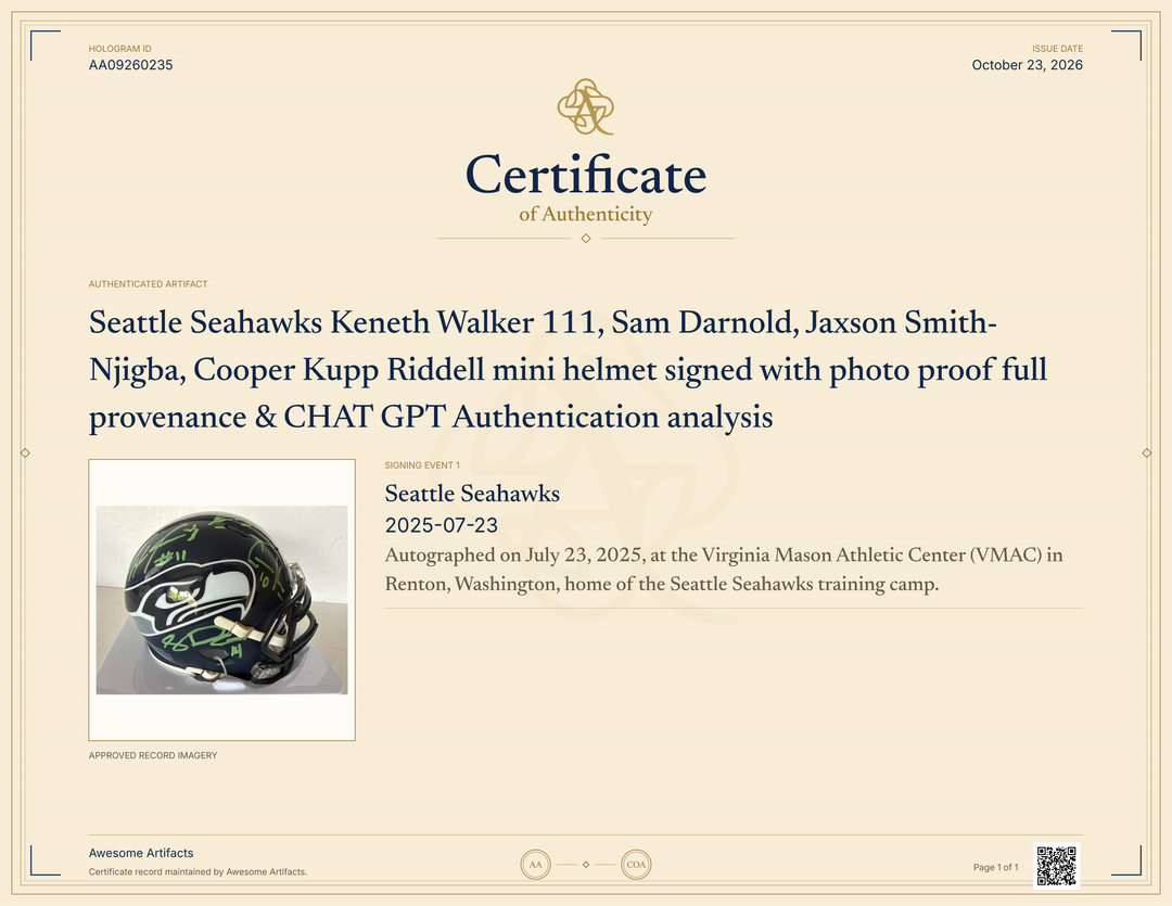 Seattle Seahawks Keneth Walker 111, Sam Darnold, Jaxson Smith- Njigba, Cooper Kupp Riddell mini helmet signed with photo proof full provenance & CHAT GPT Authentication analysis - AA09260235 - image 5
