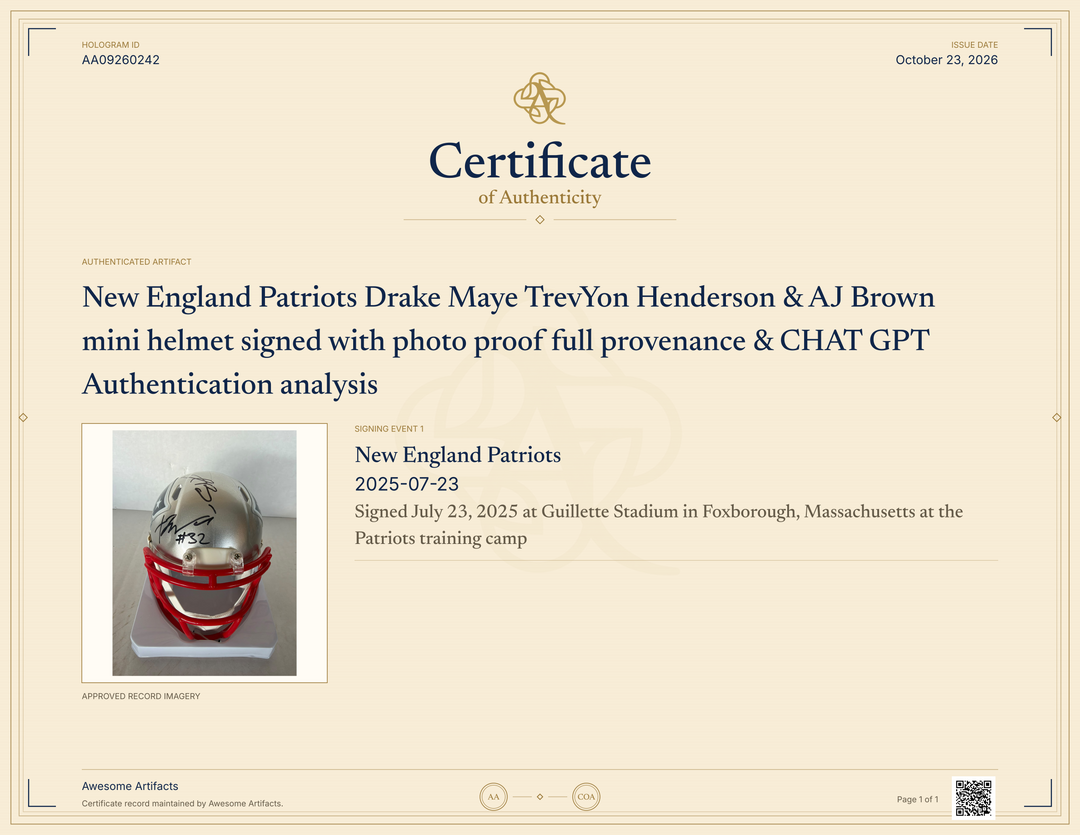 New England Patriots Drake Maye TrevYon Henderson & AJ Brown  mini helmet signed with photo proof full provenance & CHAT GPT Authentication analysis - AA09260242 - image 5