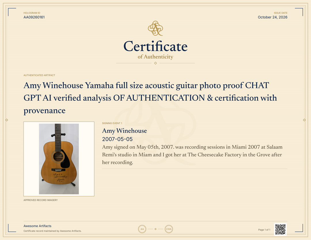 Amy Winehouse Yamaha full size acoustic guitar photo proof CHAT GPT AI verified analysis OF AUTHENTICATION & certification with provenance - AA09260161 - image 5