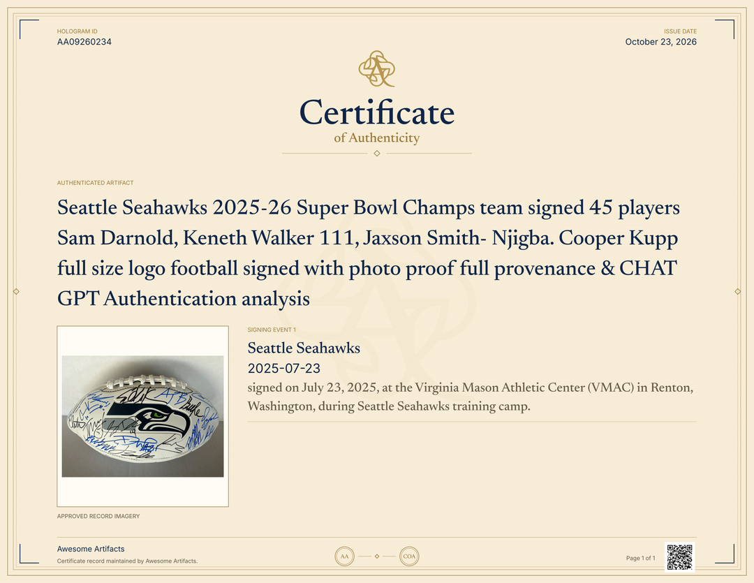 Seattle Seahawks 2025-26 Super Bowl Champs team signed 45 players Sam Darnold, Keneth Walker 111, Jaxson Smith- Njigba. Cooper Kupp full size logo football signed with photo proof full provenance & CHAT GPT Authentication analysis - AA09260234 - image 5