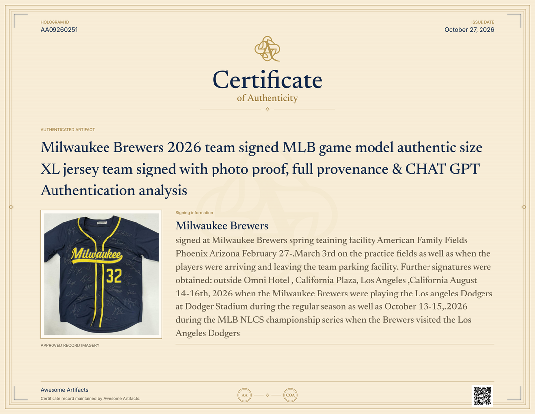 Milwaukee Brewers 2026 team signed MLB game model authentic size XL jersey team signed with photo proof, full provenance & CHAT GPT Authentication analysis - AA09260251 - image 5