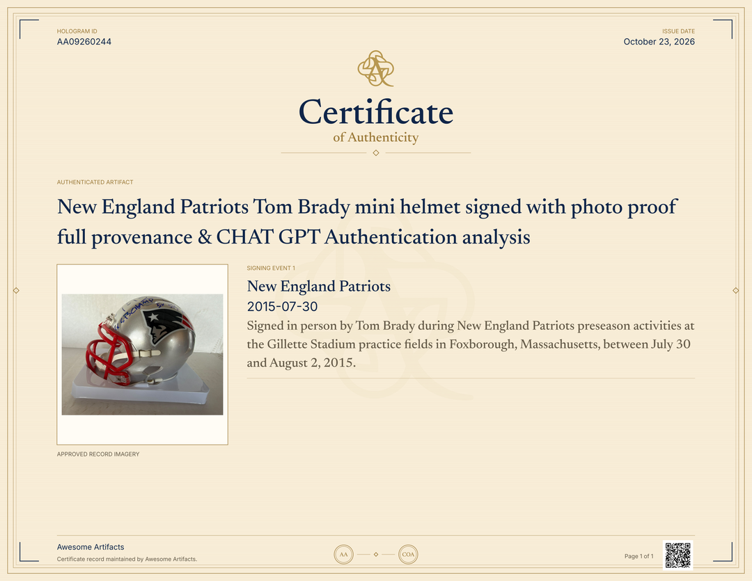New England Patriots Tom Brady mini helmet signed with photo proof full provenance & CHAT GPT Authentication analysis - AA09260244 - image 5