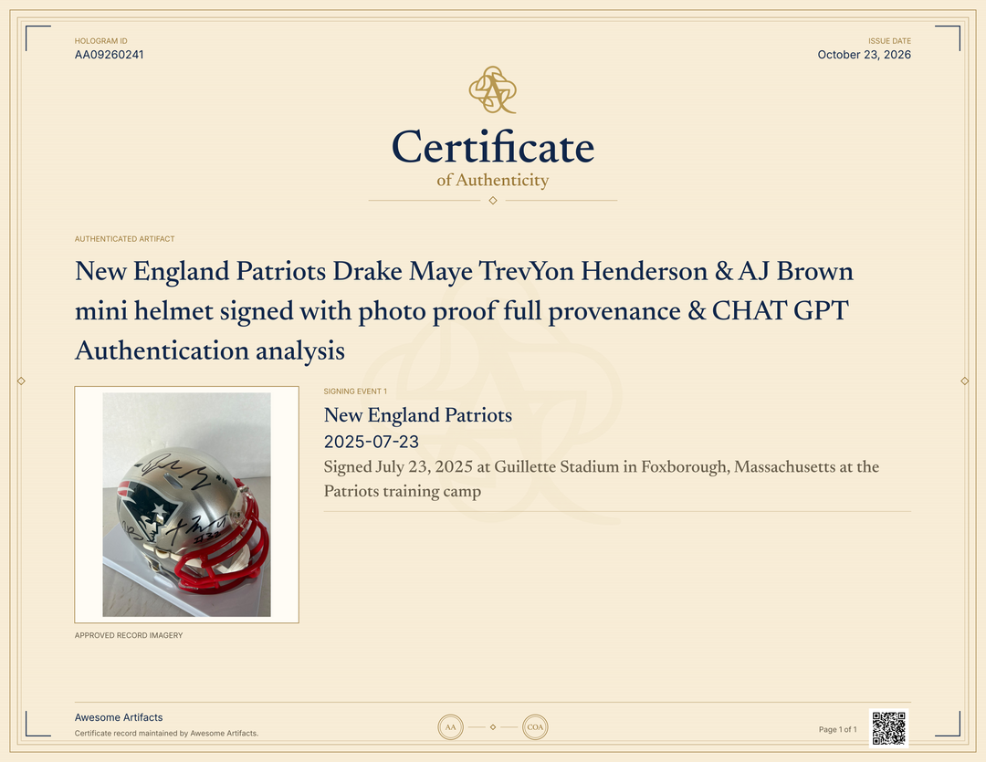 New England Patriots Drake Maye TrevYon Henderson & AJ Brown  mini helmet signed with photo proof full provenance & CHAT GPT Authentication analysis - AA09260241 - image 5