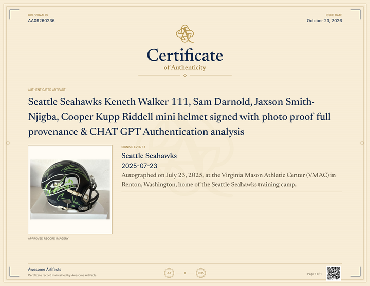 Seattle Seahawks Keneth Walker 111, Sam Darnold, Jaxson Smith- Njigba, Cooper Kupp Riddell mini helmet signed with photo proof full provenance & CHAT GPT Authentication analysis - AA09260236 - image 5