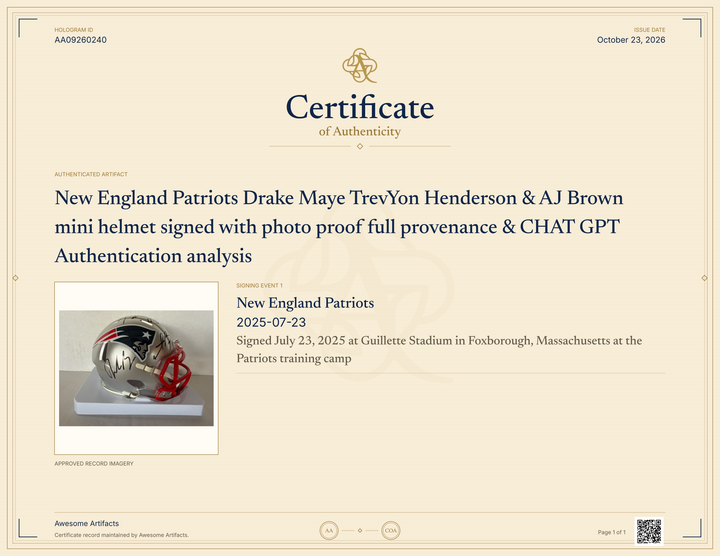 New England Patriots Drake Maye TrevYon Henderson & AJ Brown mini helmet signed with photo proof full provenance & CHAT GPT Authentication analysis - AA09260240 - image 5