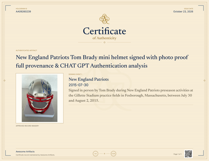 New England Patriots Tom Brady mini helmet signed with photo proof full provenance & CHAT GPT Authentication analysis - AA09260239 - image 5