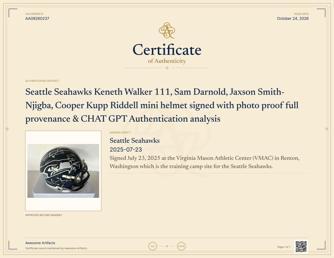 Seattle Seahawks Keneth Walker 111, Sam Darnold, Jaxson Smith- Njigba, Cooper Kupp Riddell mini helmet signed with photo proof full provenance & CHAT GPT Authentication analysis - AA09260237 - image 5