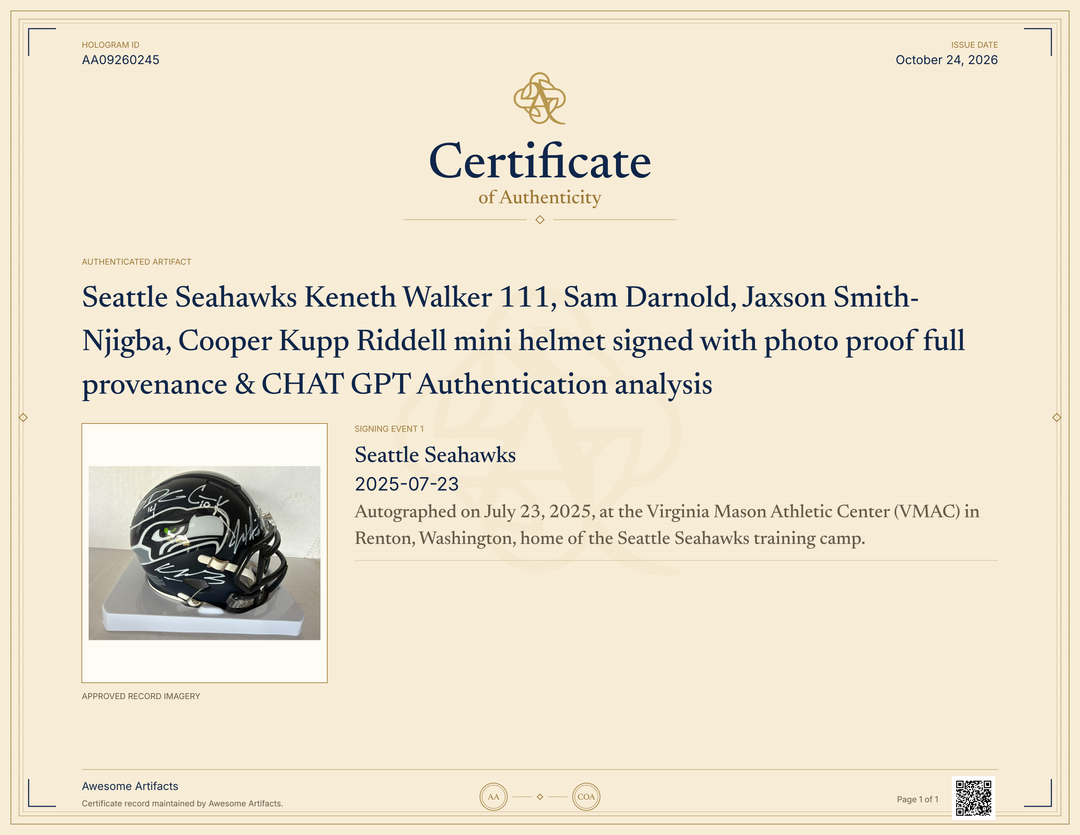 Seattle Seahawks Keneth Walker 111, Sam Darnold, Jaxson Smith- Njigba, Cooper Kupp Riddell mini helmet signed with photo proof full provenance & CHAT GPT Authentication analysis - AA09260245 - image 5