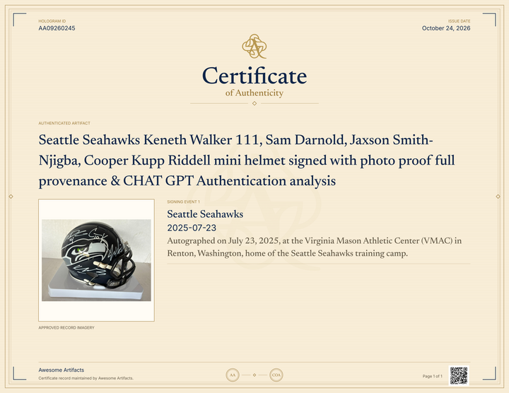 Seattle Seahawks Keneth Walker 111, Sam Darnold, Jaxson Smith- Njigba, Cooper Kupp Riddell mini helmet signed with photo proof full provenance & CHAT GPT Authentication analysis - AA09260245 - image 5