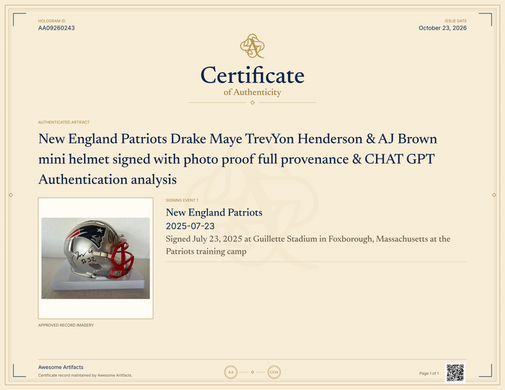 New England Patriots Drake Maye TrevYon Henderson & AJ Brown  mini helmet signed with photo proof full provenance & CHAT GPT Authentication analysis - AA09260243 - image 5