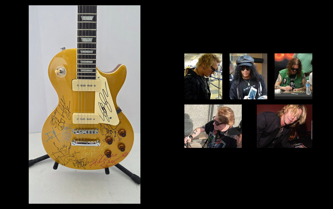 Guns N' Roses Slash, Axl Rose, Steven Adler with sketch, Matt Sorum with sketch, Izzy Stradlin and Gilby Clarke gold Les Paul full size vintage electric guitar signed with proof and full provenance & CHAT GPT Authentication analysis - AA09260195 - image 6