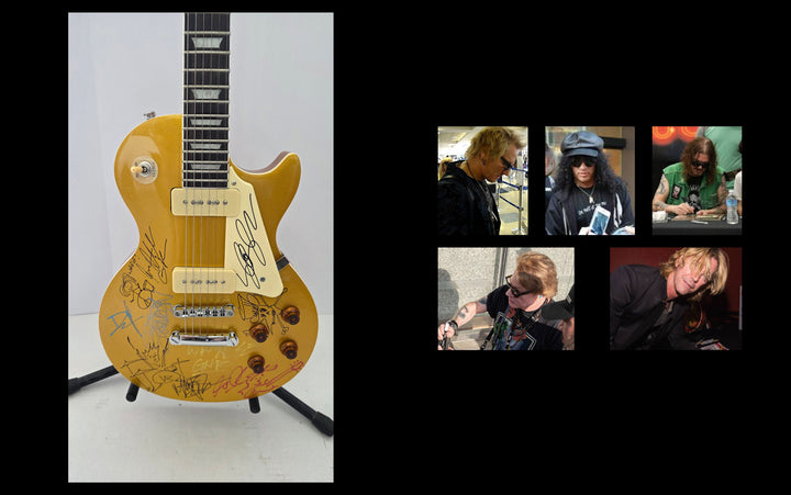Guns N' Roses Slash, Axl Rose, Steven Adler with sketch, Matt Sorum with sketch, Izzy Stradlin and Gilby Clarke gold Les Paul full size vintage electric guitar signed with proof and full provenance & CHAT GPT Authentication analysis - AA09260195 - image 6