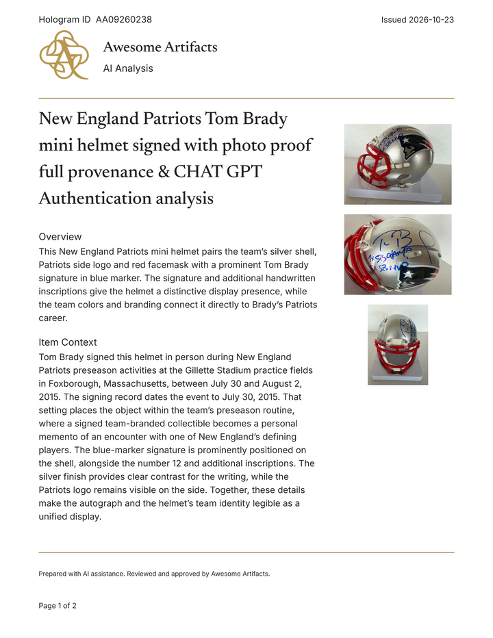 New England Patriots Tom Brady mini helmet signed with photo proof full provenance & CHAT GPT Authentication analysis - AA09260238 - image 6