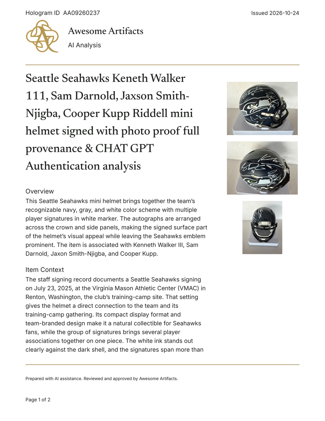 Seattle Seahawks Keneth Walker 111, Sam Darnold, Jaxson Smith- Njigba, Cooper Kupp Riddell mini helmet signed with photo proof full provenance & CHAT GPT Authentication analysis - AA09260237 - image 6
