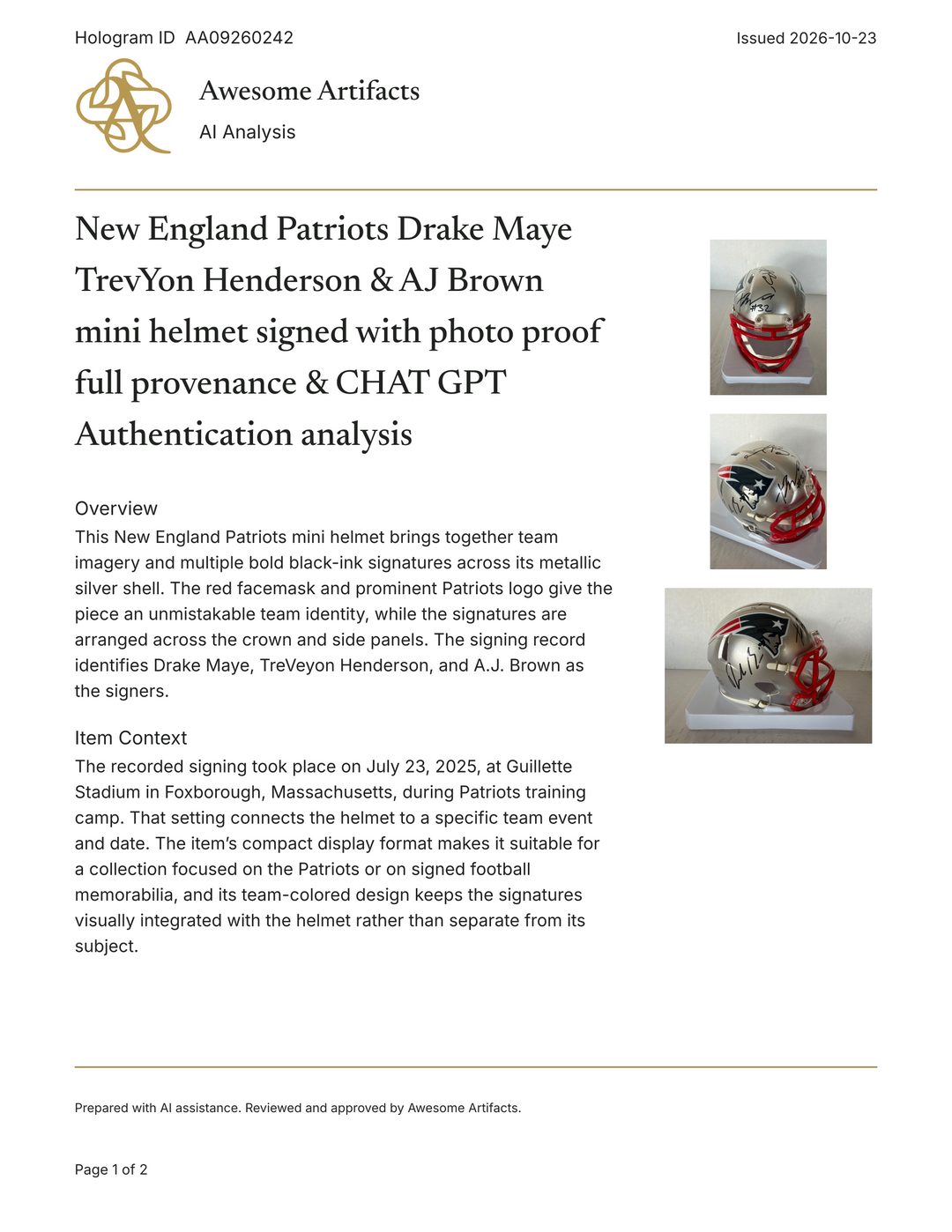 New England Patriots Drake Maye TrevYon Henderson & AJ Brown  mini helmet signed with photo proof full provenance & CHAT GPT Authentication analysis - AA09260242 - image 6