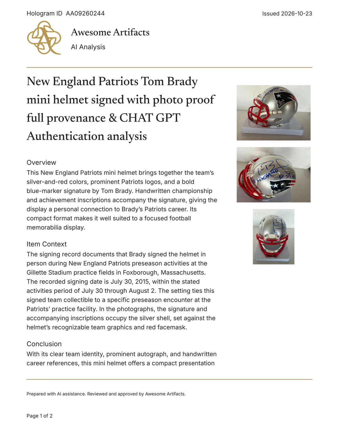 New England Patriots Tom Brady mini helmet signed with photo proof full provenance & CHAT GPT Authentication analysis - AA09260244 - image 6