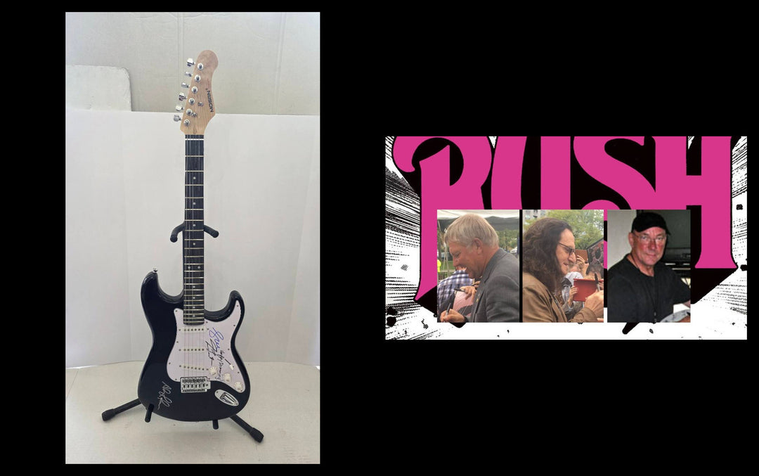 Rush Neil Peart, Geddy Lee and Alex Lifeson black Stratocaster full size electric guitar signed with proof and full provenance & CHAT GPT Authentication analysis - AA09260193 - image 6