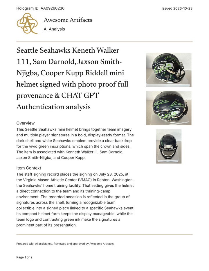 Seattle Seahawks Keneth Walker 111, Sam Darnold, Jaxson Smith- Njigba, Cooper Kupp Riddell mini helmet signed with photo proof full provenance & CHAT GPT Authentication analysis - AA09260236 - image 6