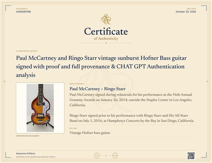 Paul McCartney and Ringo Starr vintage sunburst Hofner Bass guitar signed with proof and full provenance & CHAT GPT Authentication analysis - AA09260186 - image 6