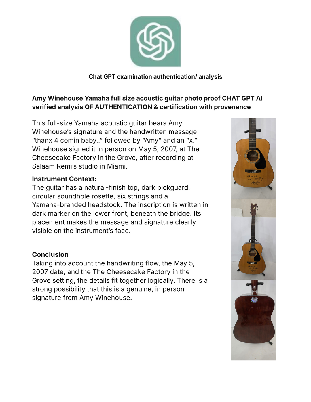 Amy Winehouse Yamaha full size acoustic guitar photo proof CHAT GPT AI verified analysis OF AUTHENTICATION & certification with provenance - AA09260161 - image 6