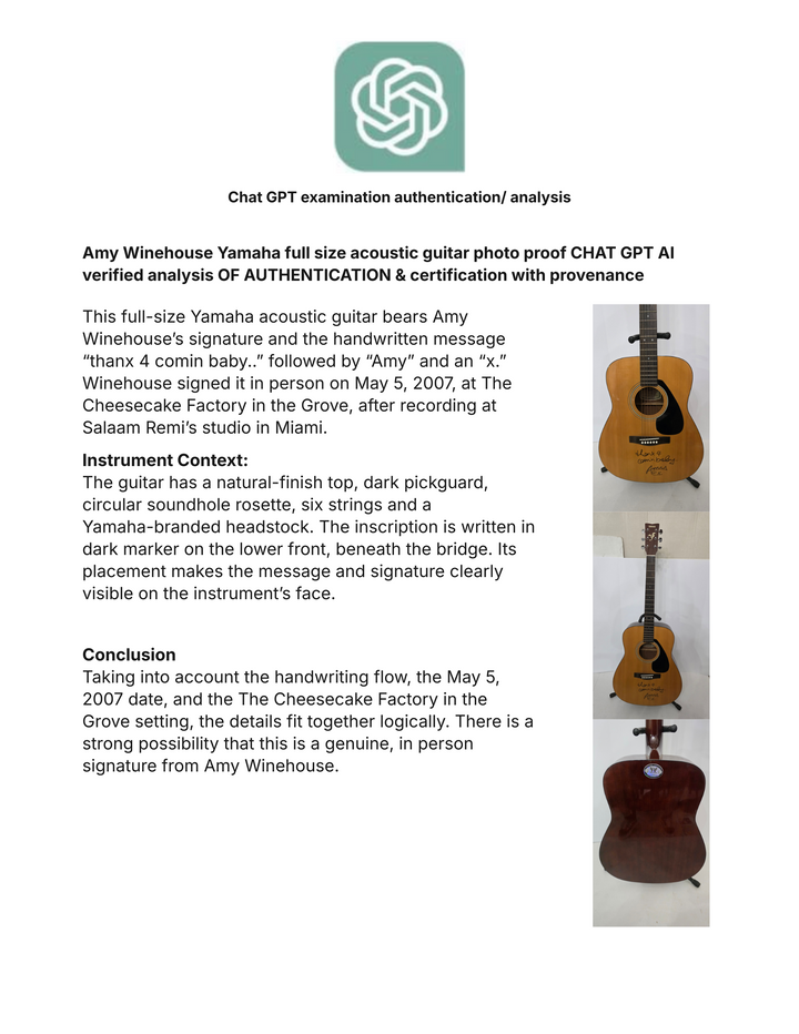 Amy Winehouse Yamaha full size acoustic guitar photo proof CHAT GPT AI verified analysis OF AUTHENTICATION & certification with provenance - AA09260161 - image 6