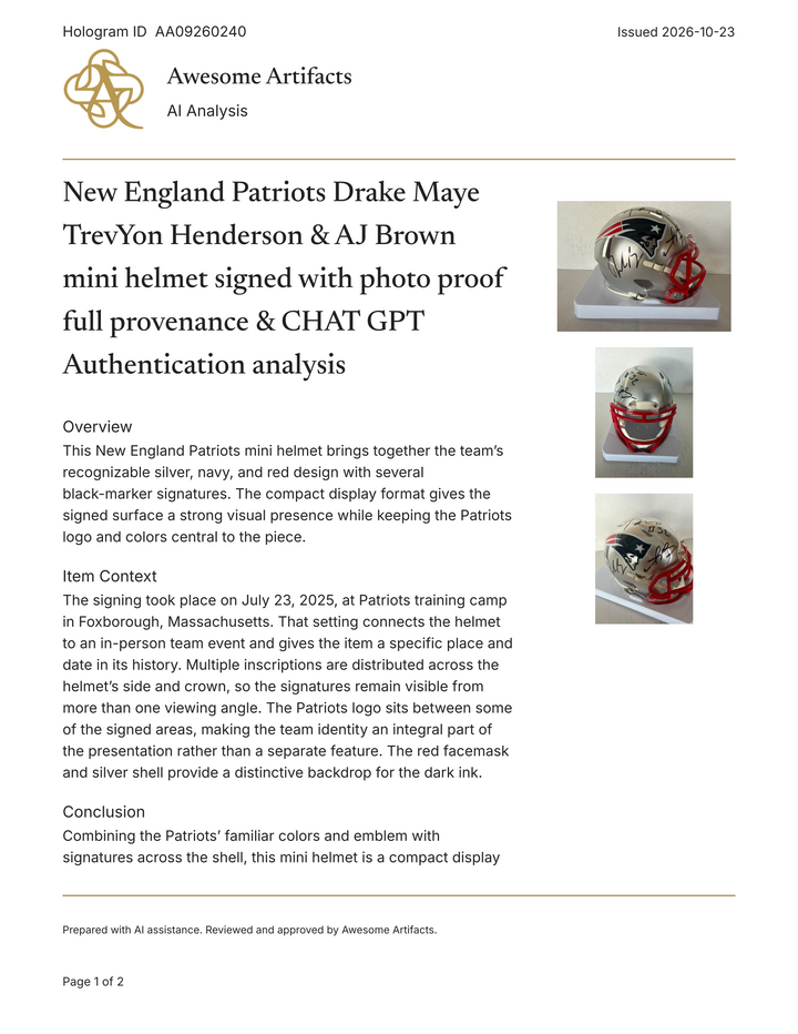 New England Patriots Drake Maye TrevYon Henderson & AJ Brown mini helmet signed with photo proof full provenance & CHAT GPT Authentication analysis - AA09260240 - image 6