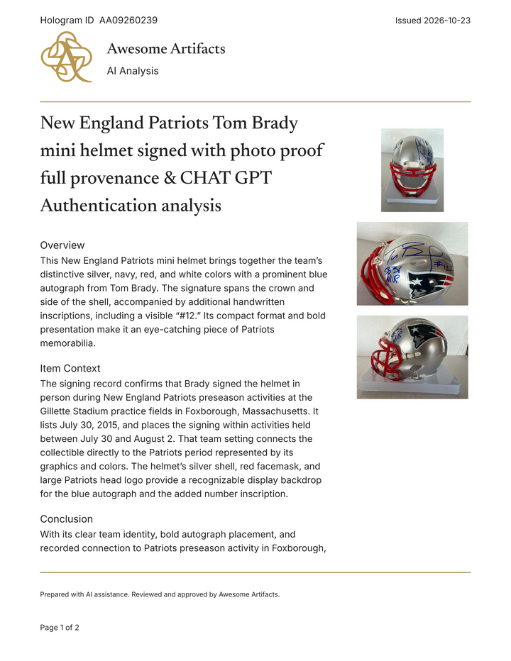 New England Patriots Tom Brady mini helmet signed with photo proof full provenance & CHAT GPT Authentication analysis - AA09260239 - image 6