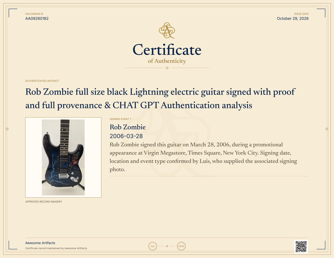 Rob Zombie full size black Lightning electric guitar signed with proof and full provenance & CHAT GPT Authentication analysis - AA09260182 - image 6