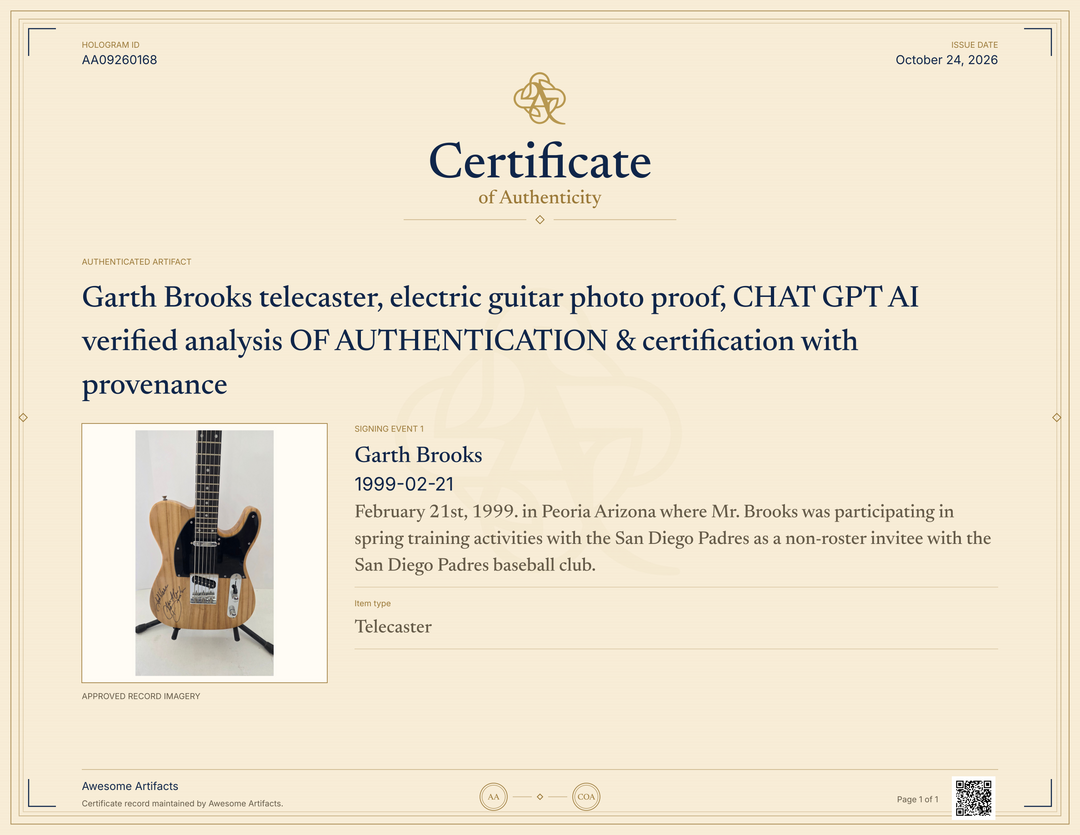 Garth Brooks telecaster, electric guitar photo proof, CHAT GPT AI verified analysis OF AUTHENTICATION & certification with provenance - AA09260168 - image 6