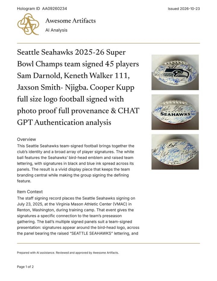 Seattle Seahawks 2025-26 Super Bowl Champs team signed 45 players Sam Darnold, Keneth Walker 111, Jaxson Smith- Njigba. Cooper Kupp full size logo football signed with photo proof full provenance & CHAT GPT Authentication analysis - AA09260234 - image 6