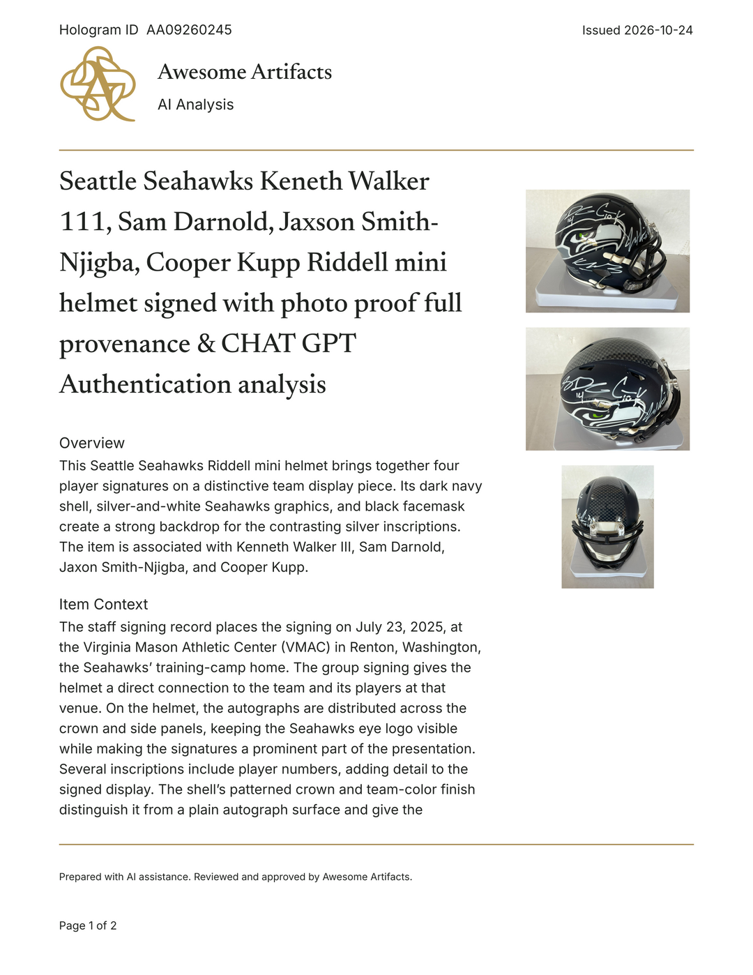Seattle Seahawks Keneth Walker 111, Sam Darnold, Jaxson Smith- Njigba, Cooper Kupp Riddell mini helmet signed with photo proof full provenance & CHAT GPT Authentication analysis - AA09260245 - image 6