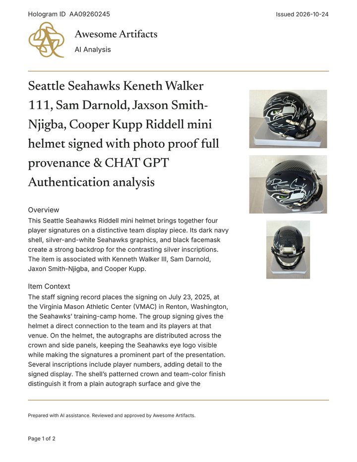 Seattle Seahawks Keneth Walker 111, Sam Darnold, Jaxson Smith- Njigba, Cooper Kupp Riddell mini helmet signed with photo proof full provenance & CHAT GPT Authentication analysis - AA09260245 - image 6