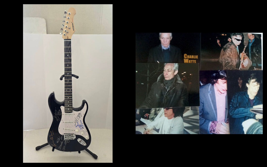 Rolling Stones Mick Jagger, Bill Wyman, Keith Richards, Ronnie Wood and Charlie Watts black Stratocaster full size electric guitar signed with proof and full provenance & CHAT GPT Authentication analysis - AA09260191 - image 6