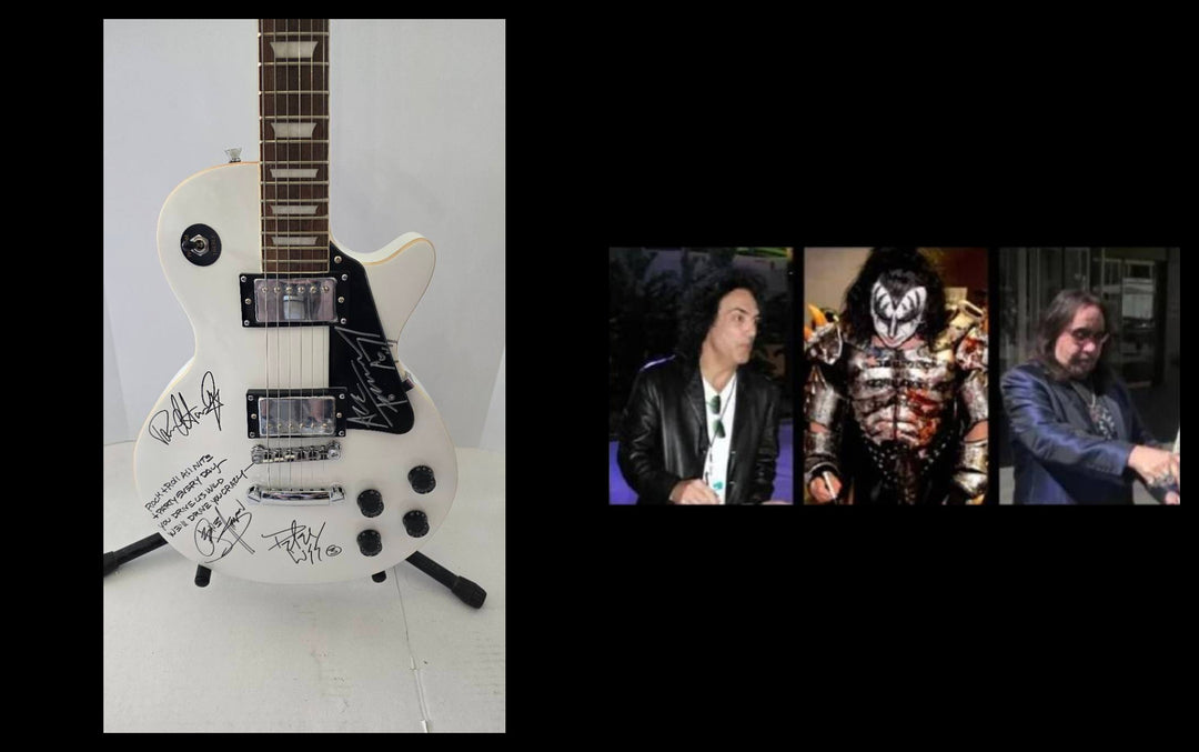 Kiss Gene Simmons, Peter Criss, Paul Stanley and Ace Frehley vintage white full size Glen Burton Les Paul-style electric guitar with inscription signed with proof and full provenance & CHAT GPT Authentication analysis - AA0926076 - image 6