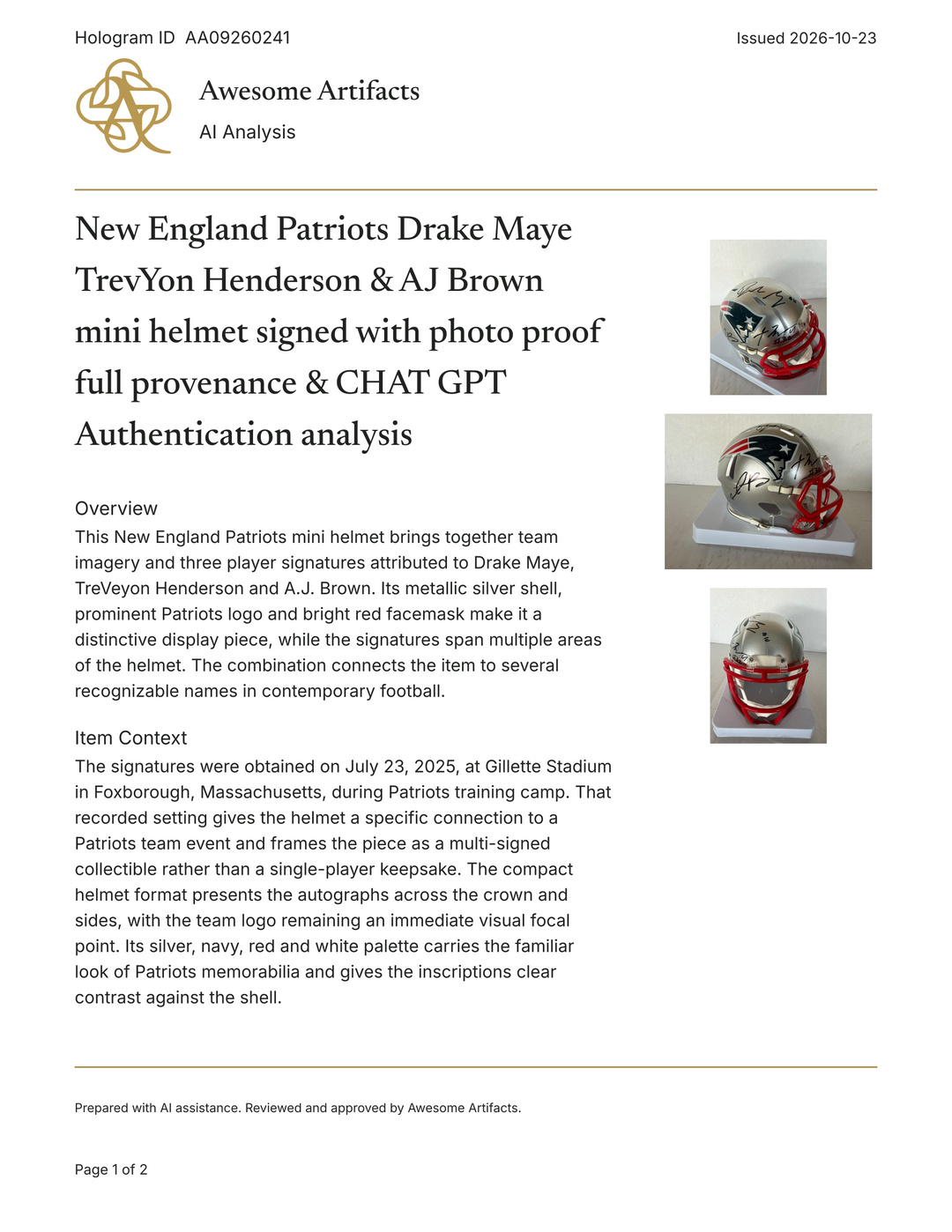 New England Patriots Drake Maye TrevYon Henderson & AJ Brown  mini helmet signed with photo proof full provenance & CHAT GPT Authentication analysis - AA09260241 - image 6