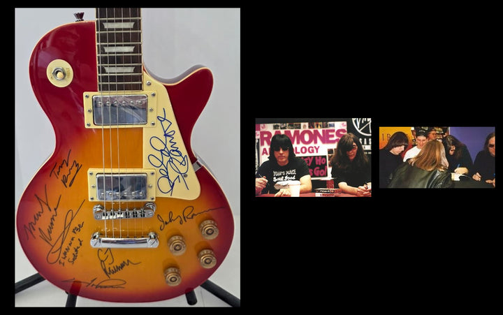 The Ramones Joey Ramone, Marky Ramone, Richie Ramone, C.J. Ramone, Tommy Ramone and Dee Dee Ramone vintage cherry les paul electric guitar signed with photo proof and full provenance & CHAT GPT Authentication analysis - AA0926069 - image 6