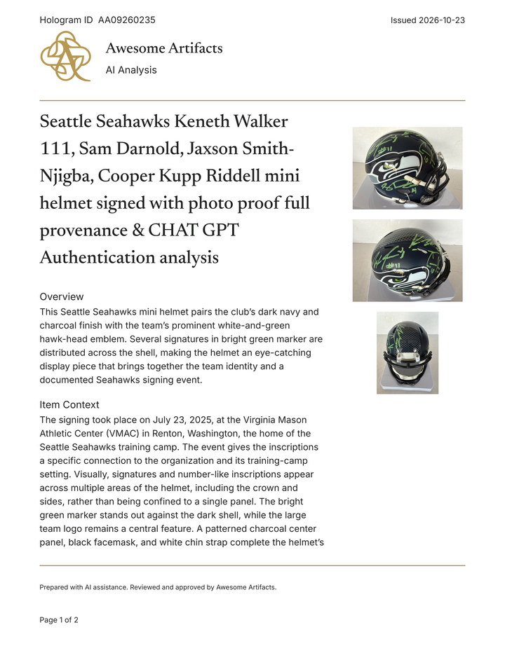 Seattle Seahawks Keneth Walker 111, Sam Darnold, Jaxson Smith- Njigba, Cooper Kupp Riddell mini helmet signed with photo proof full provenance & CHAT GPT Authentication analysis - AA09260235 - image 6