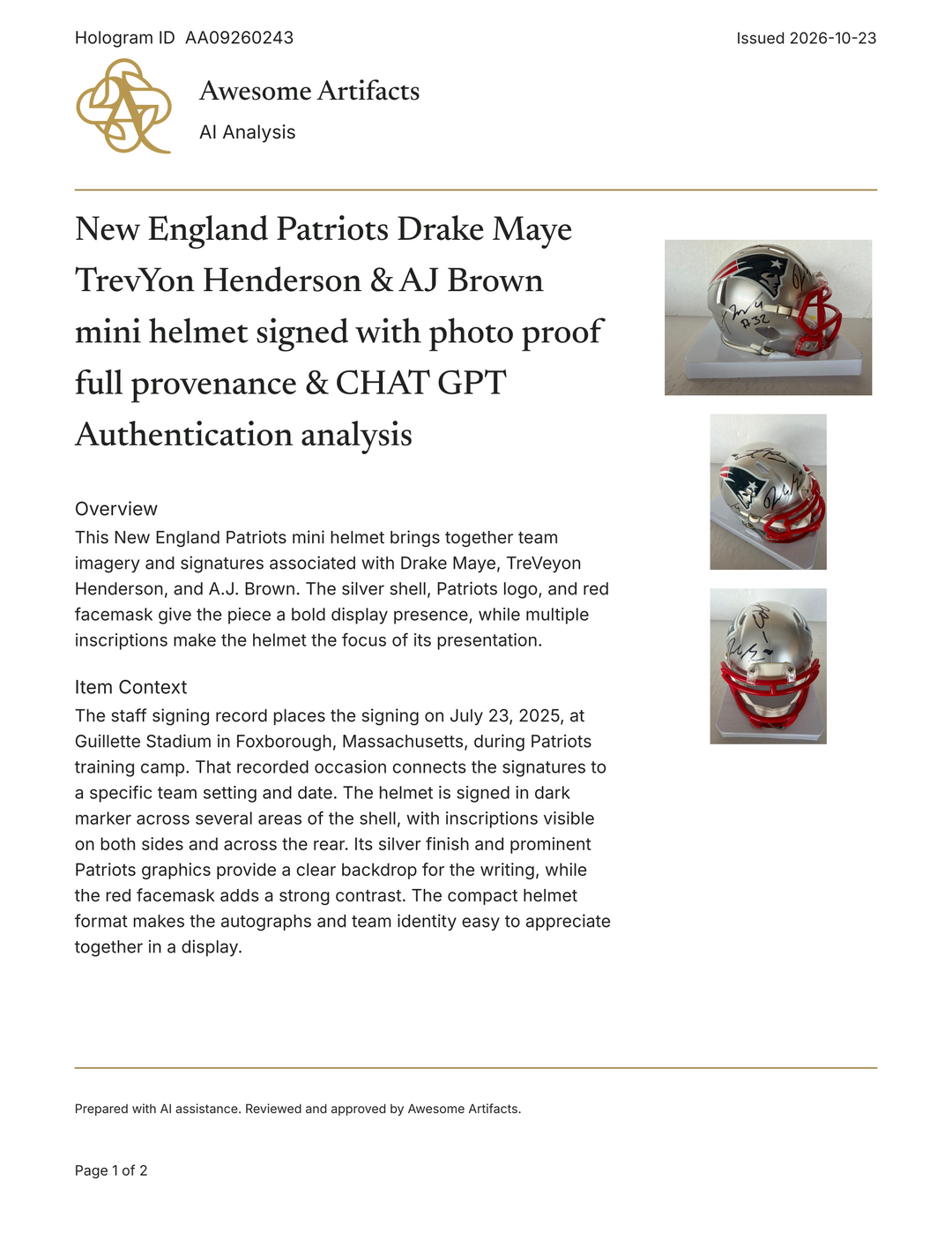 New England Patriots Drake Maye TrevYon Henderson & AJ Brown  mini helmet signed with photo proof full provenance & CHAT GPT Authentication analysis - AA09260243 - image 6