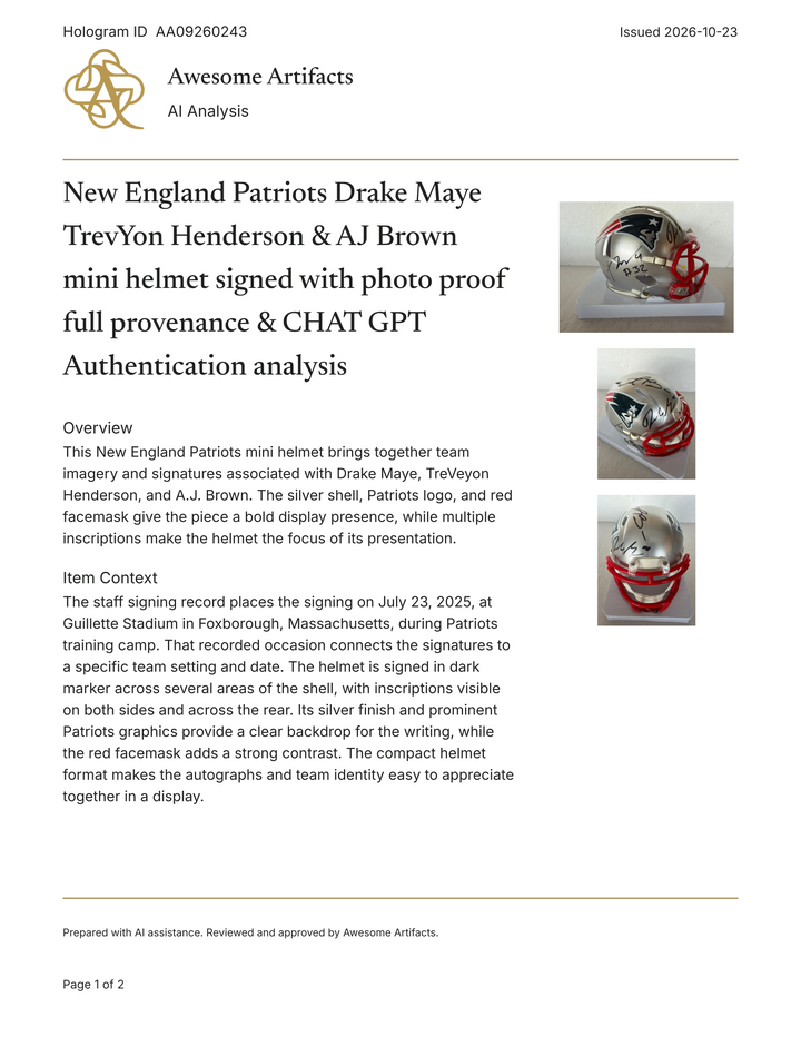 New England Patriots Drake Maye TrevYon Henderson & AJ Brown  mini helmet signed with photo proof full provenance & CHAT GPT Authentication analysis - AA09260243 - image 6
